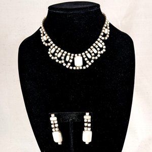 White Milk Glass Necklace & Screw-Back Earrings-1950's